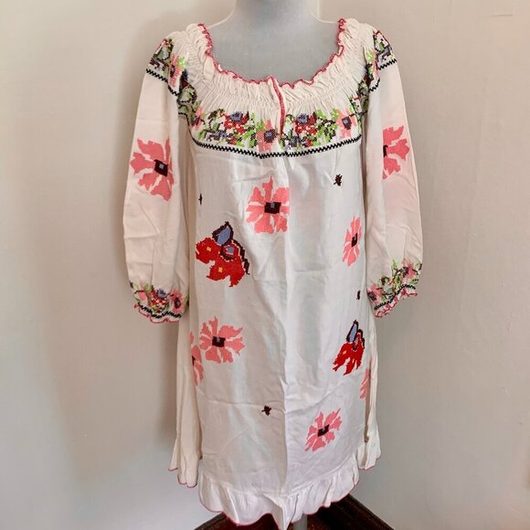 Blue Plate Couture VTG Embroidered Boho Western Cottage Dress Floral Milkmaid - Picture 5 of 10